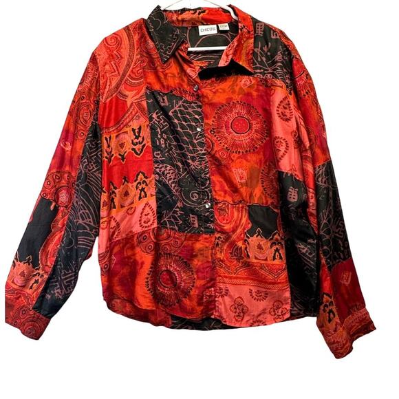 Chico's 100% Silk Long Sleeve Women Button Up Blouse Size XL (3) Patchwork Style - Picture 1 of 8